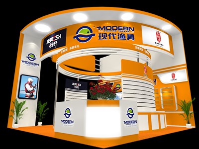 36平米展臺設計制作：三面開口/現(xiàn)代/木質(zhì)結構/橙色，為釣具展展商而作（免費使用）