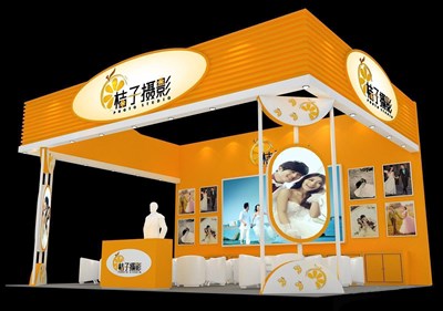 48平米展臺(tái)設(shè)計(jì)制作：三面開口/現(xiàn)代/木質(zhì)結(jié)構(gòu)/橙色，為婚博會(huì)展商而作（免費(fèi)使用）