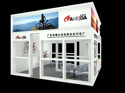 225平米展臺設計制作：三面開口/現(xiàn)代/木質結構/白色，為單/摩托車展商而作（免費使用）