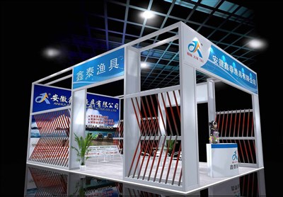 50平米展臺設(shè)計制作：三面開口/現(xiàn)代/木質(zhì)結(jié)構(gòu)/藍色，為釣具展展商而作（免費使用）