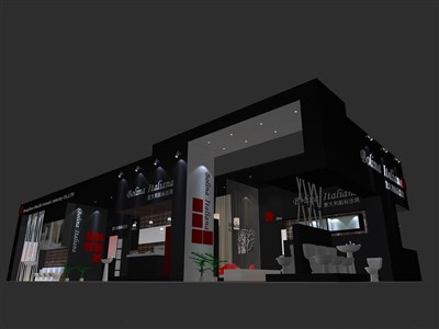 184平米展臺設(shè)計(jì)制作：二面開口/現(xiàn)代/木質(zhì)結(jié)構(gòu)/黑色，為衛(wèi)浴展展商而作（免費(fèi)使用）