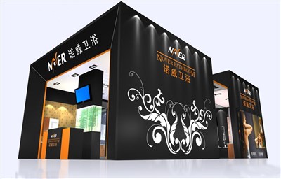 81.6平米展臺(tái)設(shè)計(jì)制作：三面開口/現(xiàn)代/木質(zhì)結(jié)構(gòu)/黑色，為衛(wèi)浴展展商而作（免費(fèi)使用）