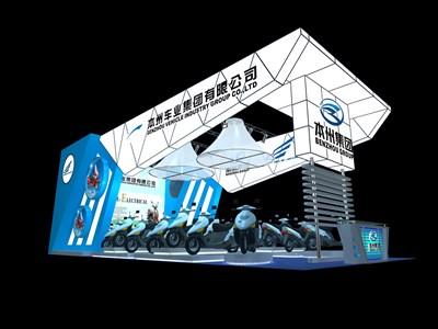 72平米展臺設(shè)計制作：三面開口/前衛(wèi)/型材結(jié)構(gòu)/藍色，為單/摩托車展商而作（免費使用）