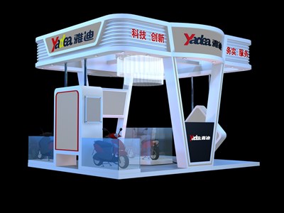 20平米展臺設(shè)計制作：四面開口/中式/桁架結(jié)構(gòu)/藍(lán)色，為單/摩托車展商而作（免費使用）