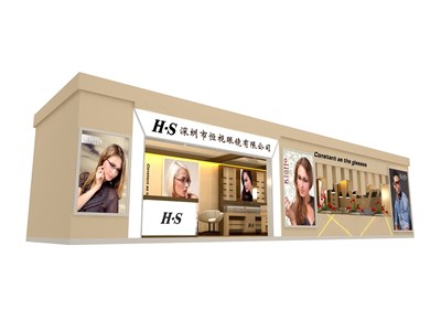 36平米展臺(tái)設(shè)計(jì)制作：一面開口/歐式/木質(zhì)結(jié)構(gòu)/米色，為眼鏡展展商而作（免費(fèi)使用）