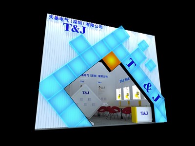 42平米展臺設計制作：一面開口/現(xiàn)代/木質(zhì)結(jié)構(gòu)/藍色，為照明展展商而作（免費使用）