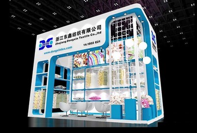 18平米展臺(tái)設(shè)計(jì)制作：一面開(kāi)口/現(xiàn)代/木質(zhì)結(jié)構(gòu)/藍(lán)色，為紡織展展商而作（免費(fèi)使用）