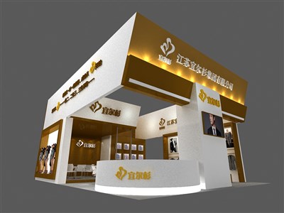108平米展臺設(shè)計制作：三面開口/現(xiàn)代/木質(zhì)結(jié)構(gòu)/黃色，為服裝展展商而作（免費(fèi)使用）