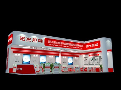 72平米展臺設(shè)計制作：二面開口/現(xiàn)代/木質(zhì)結(jié)構(gòu)/紅色，為照明展展商而作（免費(fèi)使用）