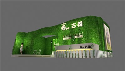 72平米展臺(tái)設(shè)計(jì)制作：一面開口/田園/木質(zhì)結(jié)構(gòu)/綠色，為服裝展展商而作（免費(fèi)使用）