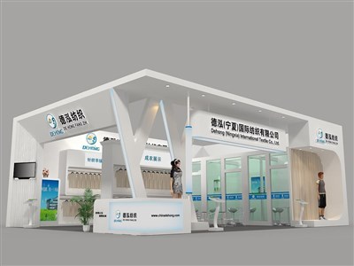 108平米展臺(tái)設(shè)計(jì)制作：二面開口/現(xiàn)代/木質(zhì)結(jié)構(gòu)/白色，為紡織展展商而作（免費(fèi)使用）