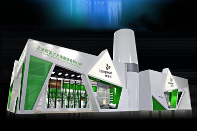 288平米展臺設計制作：二面開口/現(xiàn)代/木質結構/綠色，為照明展展商而作（免費使用）