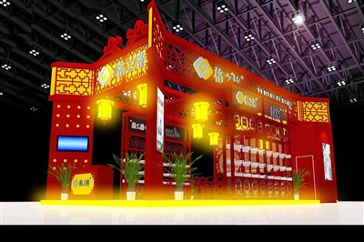 72平米展臺設計制作：三面開口/中式/木質(zhì)結構/紅色，為五金展展商而作（免費使用）