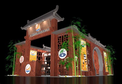 54平米展臺設(shè)計制作：三面開口/中式/木質(zhì)結(jié)構(gòu)/咖啡色，為玩具展展商而作（免費使用）