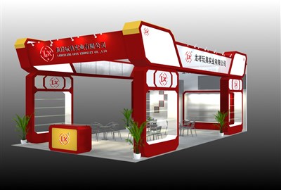 63平米展臺設(shè)計(jì)制作：三面開口/中式/木質(zhì)結(jié)構(gòu)/紅色，為玩具展展商而作（免費(fèi)使用）