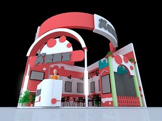 36平米展臺設(shè)計制作：二面開口/現(xiàn)代/木質(zhì)結(jié)構(gòu)/紅色，為玩具展展商而作（免費使用）