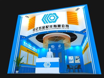 36平米展臺(tái)設(shè)計(jì)制作：一面開(kāi)口/現(xiàn)代/木質(zhì)結(jié)構(gòu)/藍(lán)色，為五金展展商而作（免費(fèi)使用）
