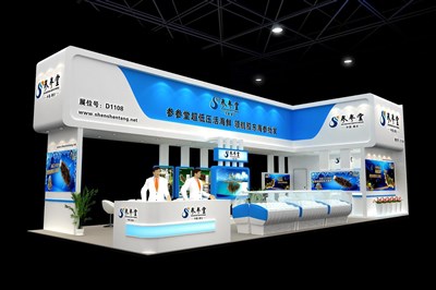 90平米展臺設計制作：三面開口/現(xiàn)代/木質(zhì)結(jié)構(gòu)/白色，為食品展展商而作（免費使用）