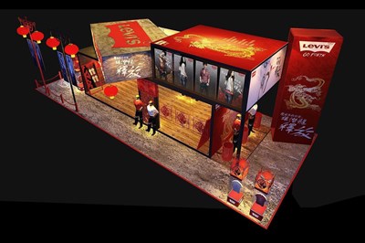 90平米展臺(tái)設(shè)計(jì)制作：二面開(kāi)口/中式/木質(zhì)結(jié)構(gòu)/紅色，為服裝展展商而作（免費(fèi)使用）