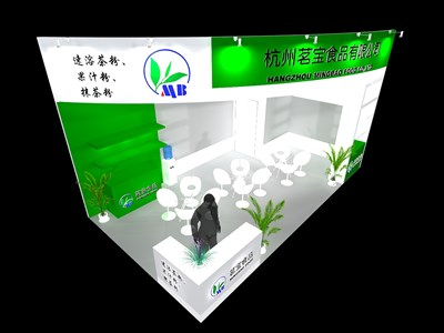 36平米展臺(tái)設(shè)計(jì)制作：二面開(kāi)口/現(xiàn)代/木質(zhì)結(jié)構(gòu)/綠色，為食品展展商而作（免費(fèi)使用）