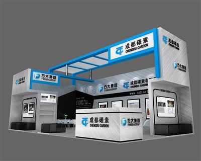 47.5平米展臺設計制作：二面開口/現(xiàn)代/木質結構/藍色，為化工展展商而作（免費使用）