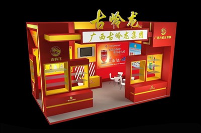 42.5平米展臺設(shè)計制作：二面開口/現(xiàn)代/木質(zhì)結(jié)構(gòu)/紅色，為食品展展商而作（免費(fèi)使用）
