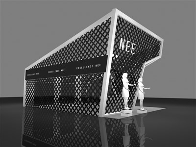 54平米展臺(tái)設(shè)計(jì)制作：二面開口/現(xiàn)代/木質(zhì)結(jié)構(gòu)/黑色，為服裝展展商而作（免費(fèi)使用）