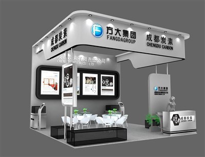 36平米展臺設(shè)計制作：三面開口/現(xiàn)代/木質(zhì)結(jié)構(gòu)/灰色，為化工展展商而作（免費使用）