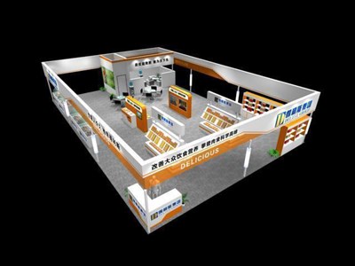 216平米展臺設計制作：四面開口/現(xiàn)代/木質結構/黃色，為食品展展商而作（免費使用）