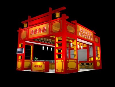 48平米展臺設(shè)計制作：三面開口/中式/木質(zhì)結(jié)構(gòu)/紅色，為食品展展商而作（免費使用）