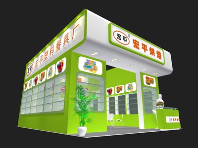 48平米展臺(tái)設(shè)計(jì)制作：二面開口/現(xiàn)代/木質(zhì)結(jié)構(gòu)/綠色，為食品展展商而作（免費(fèi)使用）