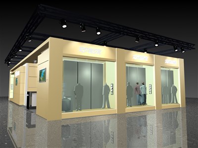 228平米展臺設(shè)計(jì)制作：二面開口/現(xiàn)代/木質(zhì)結(jié)構(gòu)/米色，為服裝展展商而作（免費(fèi)使用）