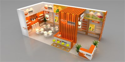 72平米展臺設計制作：二面開口/現(xiàn)代/木質(zhì)結(jié)構(gòu)/橙色，為食品展展商而作（免費使用）