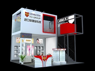 36平米展臺設(shè)計制作：三面開口/前衛(wèi)/雙層結(jié)構(gòu)/白色，為食品展展商而作（免費使用）