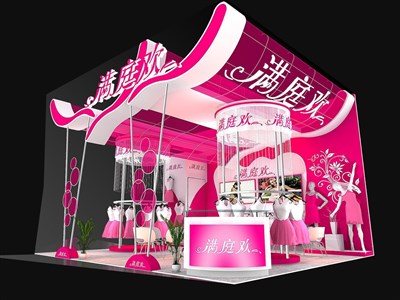 42平米展臺(tái)設(shè)計(jì)制作：二面開口/現(xiàn)代/木質(zhì)結(jié)構(gòu)/粉色，為服裝展展商而作（免費(fèi)使用）