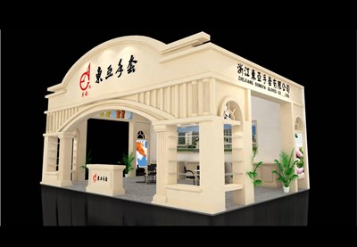 54平米展臺設計制作：三面開口/歐式/木質結構/米色，為紡織展展商而作（免費使用）