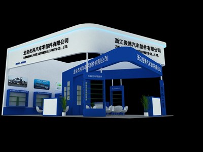 60平米展臺設計制作：三面開口/現(xiàn)代/木質結構/藍色，為汽配展展商而作（免費使用）