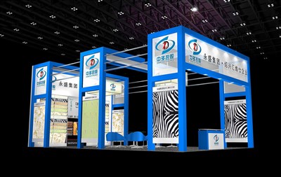 60平米展臺設計制作：三面開口/現(xiàn)代/木質結構/藍色，為紡織展展商而作（免費使用）