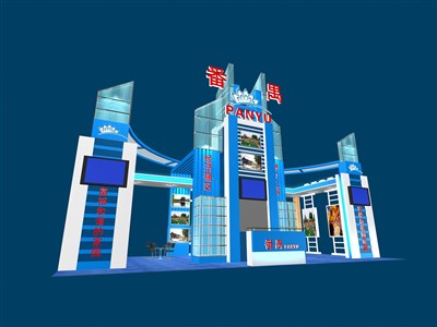 72平米展臺設計制作：四面開口/現代/型材結構/藍色，為成就招商展展商而作（免費使用）