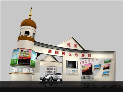 144平米展臺(tái)設(shè)計(jì)制作：三面開(kāi)口/歐式/木質(zhì)結(jié)構(gòu)/米色，為成就招商展展商而作（免費(fèi)使用）