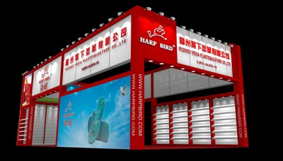 72平米展臺設(shè)計制作：三面開口/現(xiàn)代/木質(zhì)結(jié)構(gòu)/紅色，為紡織展展商而作（免費使用）