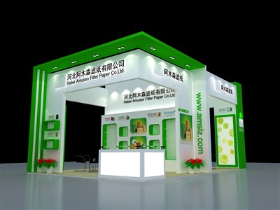 54平米展臺設計制作：四面開口/現(xiàn)代/木質結構/綠色，為汽配展展商而作（免費使用）