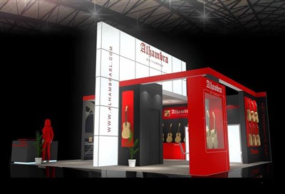 56平米展臺設(shè)計制作：三面開口/現(xiàn)代/木質(zhì)結(jié)構(gòu)/彩色，為樂器展展商而作（免費使用）