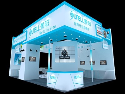 72平米展臺(tái)設(shè)計(jì)制作：三面開(kāi)口/現(xiàn)代/木質(zhì)結(jié)構(gòu)/藍(lán)色，為安防展展商而作（免費(fèi)使用）