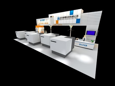 128平米展臺設計制作：四面開口/現(xiàn)代/木質結構/白色，為汽配展展商而作（免費使用）