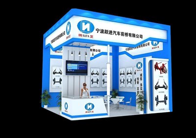 36平米展臺設計制作：二面開口/現(xiàn)代/木質結構/藍色，為汽配展展商而作（免費使用）