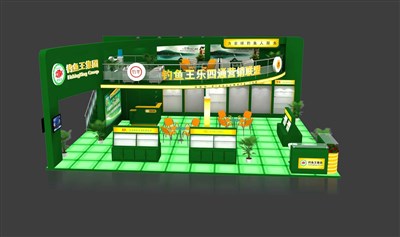 108平米展臺設(shè)計制作：三面開口/現(xiàn)代/木質(zhì)結(jié)構(gòu)/綠色，為釣具展展商而作（免費使用）