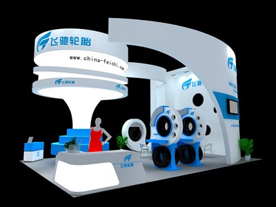 30平米展臺設計制作：三面開口/現(xiàn)代/木質結構/藍色，為汽配展展商而作（免費使用）