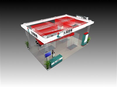 54平米展臺設計制作：四面開口/現(xiàn)代/桁架結構/紅色，為汽配展展商而作（免費使用）