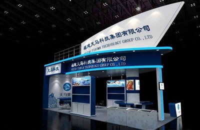 72平米展臺設(shè)計制作：三面開口/現(xiàn)代/木質(zhì)結(jié)構(gòu)/藍(lán)色，為釣具展展商而作（免費使用）